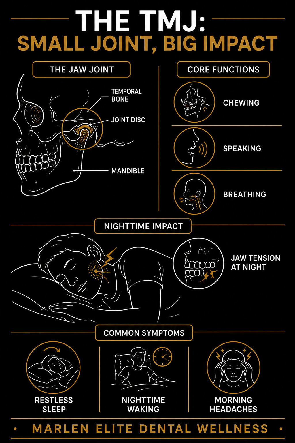 TMJ infographic showing jaw anatomy, functions, and symptoms